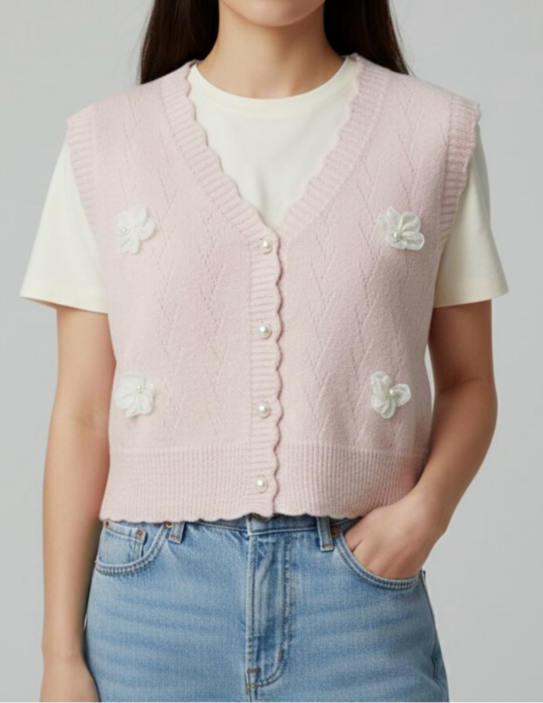 4 Chaleco Tejido con Flores y Botones de Perla