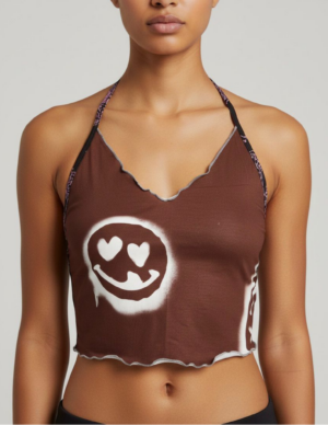 31 Top Halter Marrón Smiley Face Efecto Graffiti