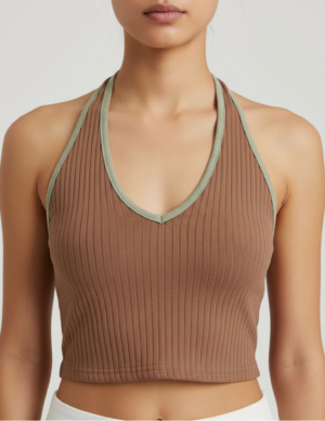 Top Halter Marrón Acanalado con Ribete en Contraste