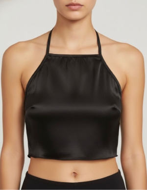 Top Halter Satinado Negro de Cuello Alto